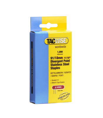 Tacwise Type 91/18mm Divergent Point Stainless Steel Narrow Crown Staples, Box of 1000 to suit Tacwise 191EL, Duo 35 - Code 1069