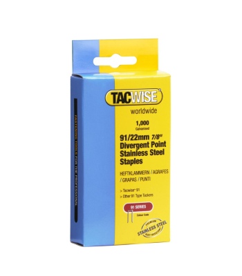 Tacwise Type 91/22mm Divergent Point Stainless Steel Narrow Crown Staples, Box of 1000 to suit Tacwise 191EL, Duo 35, Duo 50 - Code 1070