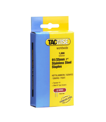 Tacwise Type 91/25mm Stainless Steel Narrow Crown Staples, Box of 1000 to suit Tacwise 191EL, Duo 35, Duo 50 - Code 1071