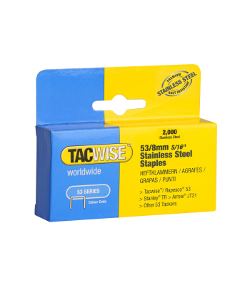 Tacwise Type 53/8mm Stainless Steel Staples, Box of 2000 to suit Tacwise Z1-53, Z1-53L, Z1-53T, Z3-53, Z3-53L - Code 1269