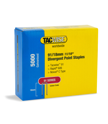 Tacwise Type 91/18mm Divergent Point Galvanised Narrow Crown Staples, Box of 5000 to suit Tacwise 191EL, Duo 35 - Code 1616