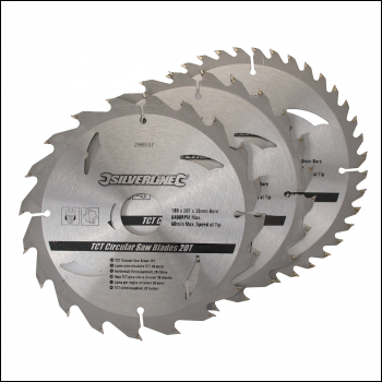 Silverline TCT Circular Saw Blades 20, 24, 40T 3pk - 180 x 30 - 20, 16mm Rings - Code 298537