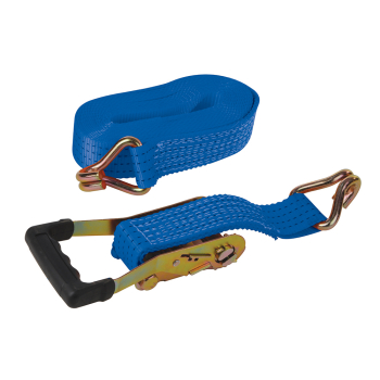 Silverline Rubber-Handled Ratchet Tie Down Strap J-Hook - 8m x 50mm Rated 1300kg Capacity 2600kg - Code 356874