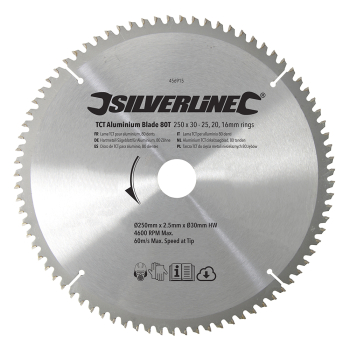 Silverline TCT Aluminium Blade 80T - 250 x 30 - 25, 20, 16mm Rings - Code 456915