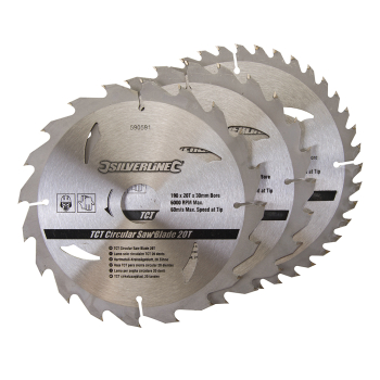 Silverline TCT Circular Saw Blades 20, 24, 40T 3pk - 190 x 30 - 25, 20mm Rings - Code 590591