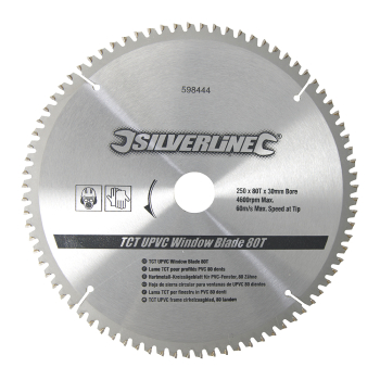Silverline TCT UPVC Window Blade 80T - 250 x 30 - 25, 20, 16mm Rings - Code 598444