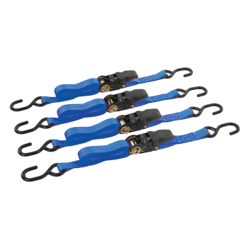Silverline Rubber-Handled Ratchet Tie Down Strap S-Hook 4pk - 4m x 25mm Rated 350kg Capacity 700kg - Code 648419
