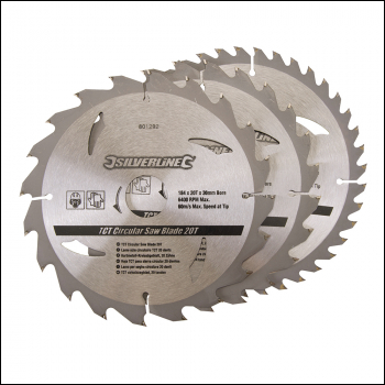 Silverline TCT Circular Saw Blades 20, 24, 40T 3pk - 184 x 30 - 20, 16mm Rings - Code 801292