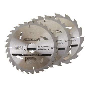 Silverline TCT Circular Saw Blades 16, 24, 30T 3pk - 165 x 30 - 20, 16, 10mm Rings - Code 934115