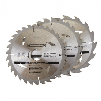 Silverline TCT Circular Saw Blades 16, 24, 30T 3pk - 165 x 30 - 20, 16, 10mm Rings - Code 934115