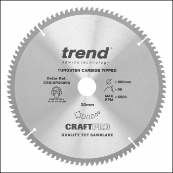 Trend Craft Saw Blade Aluminium And Plastic 260 X 96 Teeth X 30 - Code CSB/AP26096