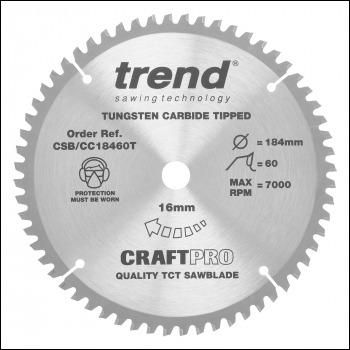 Trend Craft Saw Blade Crosscut 184mm X 60 Teeth X 16mm Thin - Code CSB/CC18460T