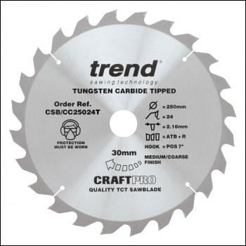 Trend Craft Saw Blade Crosscut 250mm X 24 Teeth X 30mm Thin - Code CSB/CC25024T