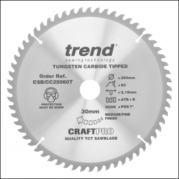 Trend Craft Saw Blade Crosscut 250mm X 60 Teeth X 30mm Thin - Code CSB/CC25060T