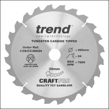 Trend Craft Saw Blade Crosscut 260mm X 24 Teeth X 30mm - Code CSB/CC26024