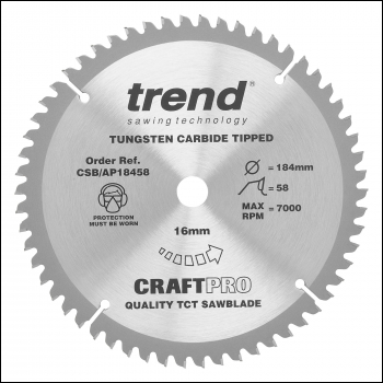 Trend Craft Saw Blade Aluminium And Plastic 184 X 58 Teeth X 16 - Code CSB/AP18458