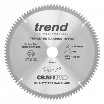Trend Craft Saw Blade Aluminium And Plastic 254 X 96 Teeth X 30 - Code CSB/AP25496