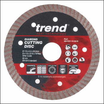 Trend 115mm Diamond Cutting Disc 2.2mm Kerf 1 Pack - Code AD/CD115/22/S