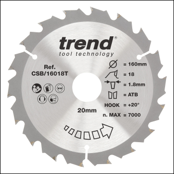 Trend Wood Cordless Circular Saw Blade 160mm X 20mm X 18t - Code CSB/16018T