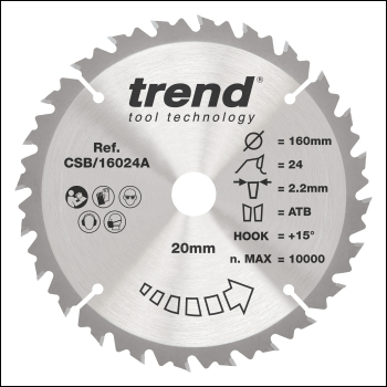 Trend Wood Circular Saw Blade 160mm X 20mm X 24t - Code CSB/16024A