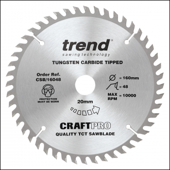 Trend The Craft Pro 160mm Diameter 20mm Bore 48 Tooth Fine Finish Cut Saw Blade For Hand Held Circular Saws - Code CSB/16048