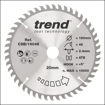 Trend The Craft Pro 160mm Diameter 20mm Bore 48 Tooth Fine Finish Cut Saw Blade For Hand Held Circular Saws - Code CSB/16048