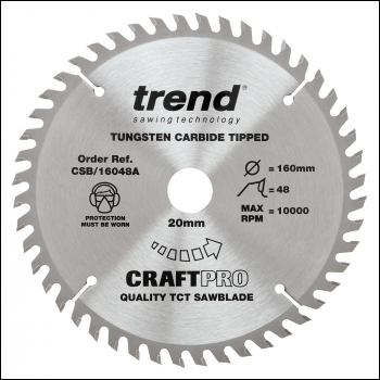 Trend Craft Pro 160mm Diameter 20mm Bore 48 Tooth Fine Finish Cut Saw Blade For Hand Held Circular Saws - Code CSB/16048A