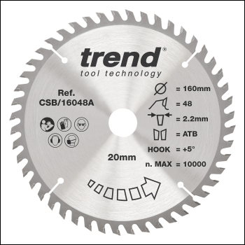 Trend Craft Pro 160mm Diameter 20mm Bore 48 Tooth Fine Finish Cut Saw Blade For Hand Held Circular Saws - Code CSB/16048A