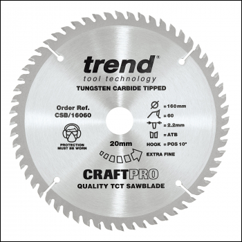 Trend The Craft Pro 160mm Diameter 20mm Bore 60 Tooth Fine Finish Cut Saw Blade For Hand Held Circular Saws - Code CSB/16060