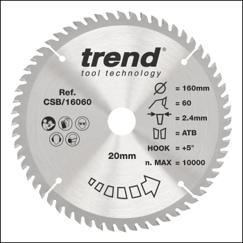 Trend The Craft Pro 160mm Diameter 20mm Bore 60 Tooth Fine Finish Cut Saw Blade For Hand Held Circular Saws - Code CSB/16060