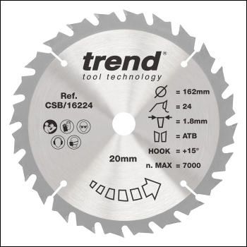 Trend Wood Cordless Circular Saw Blade 162mm X 20mm X 24t - Code CSB/16224