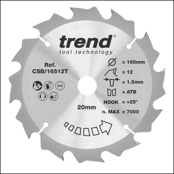 Trend Wood Cordless Circular Saw Blade 165mm X 20mm X 12t - Code CSB/16512T