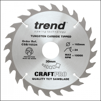 Trend Craft Pro 165mm Diameter 30mm Bore 24 Tooth Combination Cut Saw Blade For Hand Held Circular Saws - Code CSB/16524