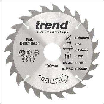 Trend Craft Pro 165mm Diameter 30mm Bore 24 Tooth Combination Cut Saw Blade For Hand Held Circular Saws - Code CSB/16524