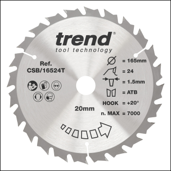 Trend Craft Pro 165mm Diameter 20mm Bore 24 Tooth Combination Cut Thin Kerf Saw Blade For Cordless Circular Saws - Code CSB/16524T