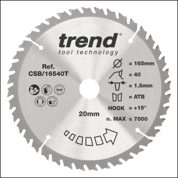 Trend Wood Cordless Circular Saw Blade 165mm X 20mm X 40t - Code CSB/16540T