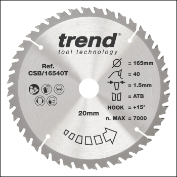 Trend Craft Pro 165mm Diameter 20mm Bore 40 Tooth Fine Finish Cut Thin Kerf Saw Blade For Cordless Circular Saws - Code CSB/16540T