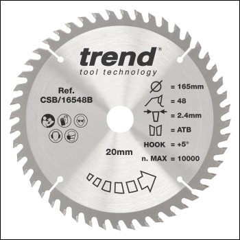 Trend Craft Pro 165mm Diameter 20mm Bore 48 Tooth Fine Finish Cut Saw Blade For Plunge Saws - Code CSB/16548B