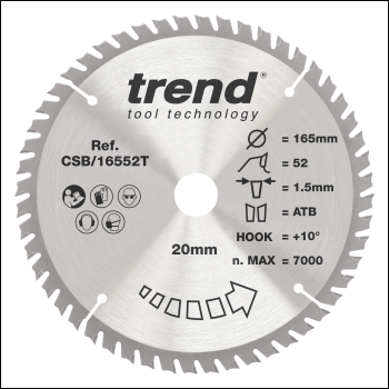 Trend Wood Cordless Circular Saw Blade 165mm X 20mm X 52t - Code CSB/16552T