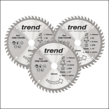 Trend Wood Circular Saw Blade 165mm X 20mm X 48t, 3 Pack - Code CSB/165/3PK/A