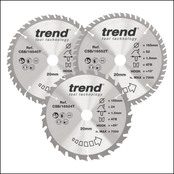 Trend Wood Cordless Circular Saw Blade 165mm X 20mm X 24/40/52t, 3 Pack - Code CSB/165/3PK/B