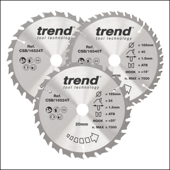 Trend Wood Cordless Circular Saw Blade 165mm X 20mm X 24/40t, 3 Pack - Code CSB/165/3PK/C