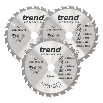 Trend Wood Cordless Circular Saw Blade 165mm X 20mm X 24t, 3 Pack - Code CSB/165/3PK/D