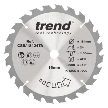 Trend Wood Cordless Circular Saw Blade 184mm X 16mm X 24t - Code CSB/18424TA