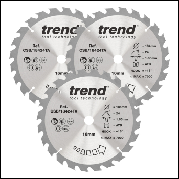 Trend Wood Cordless Circular Saw Blade 184mm X 16mm X 24t, 3 Pack - Code CSB/184/3PK/A
