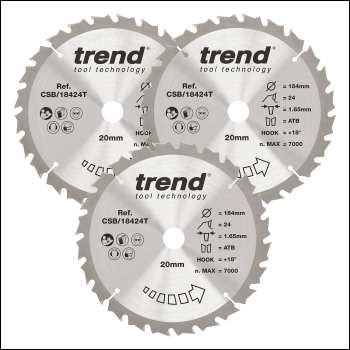 Trend Wood Cordless Circular Saw Blade 184mm X 20mm X 24t, 3 Pack - Code CSB/184/3PK/B