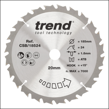 Trend Wood Cordless Circular Saw Blade 185mm X 20mm X 24t - Code CSB/18524