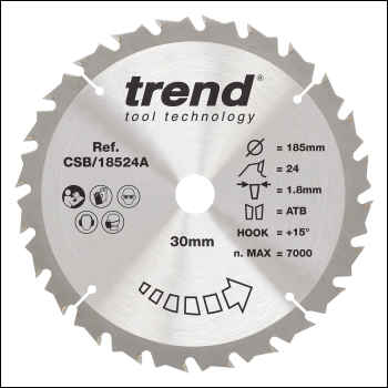 Trend Wood Cordless Circular Saw Blade 185mm X 30mm X 24t - Code CSB/18524A