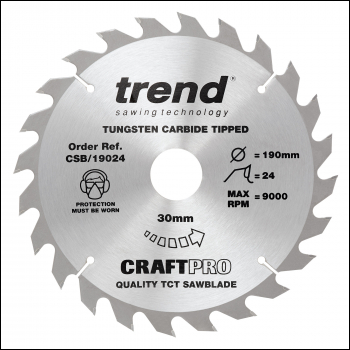 Trend Craft Pro 190mm Diameter 30mm Bore 24 Tooth Combination Cut Saw Blade For Hand Held Circular Saws. - Code CSB/19024