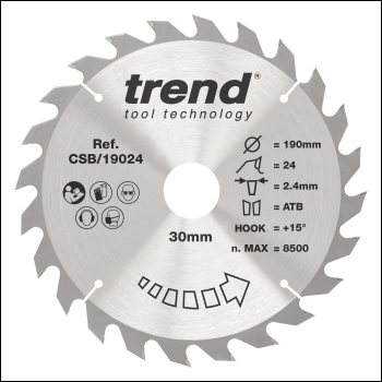 Trend Craft Pro 190mm Diameter 30mm Bore 24 Tooth Combination Cut Saw Blade For Hand Held Circular Saws. - Code CSB/19024